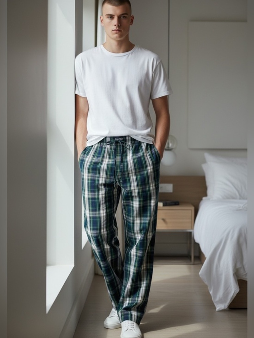 Men's Polo Green Blue Plaid Cotton Drawstring Lounge Pants Small